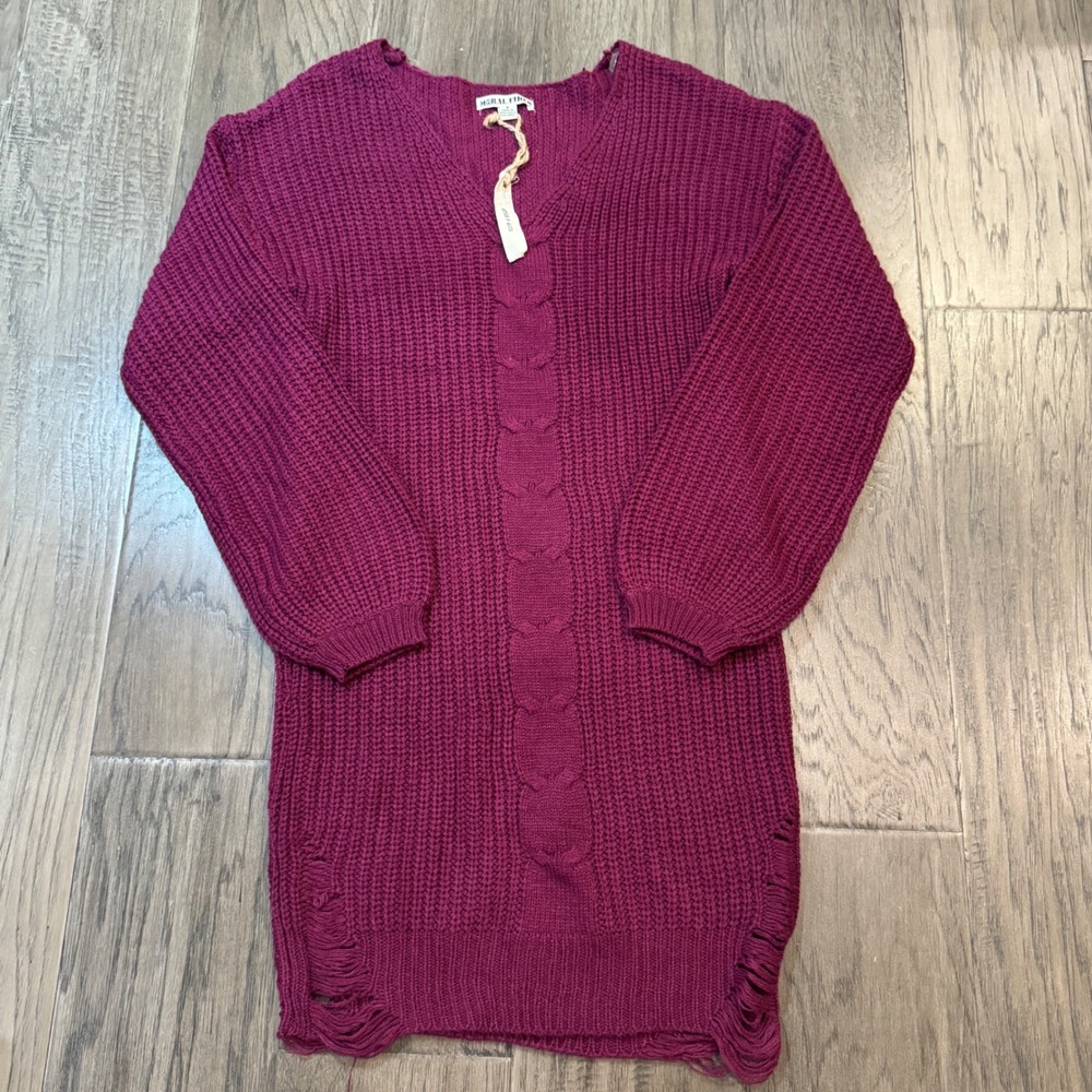 Moral Fiber Womens Size S V Neck Knit Sweater Dress Long Sleeve Fringe